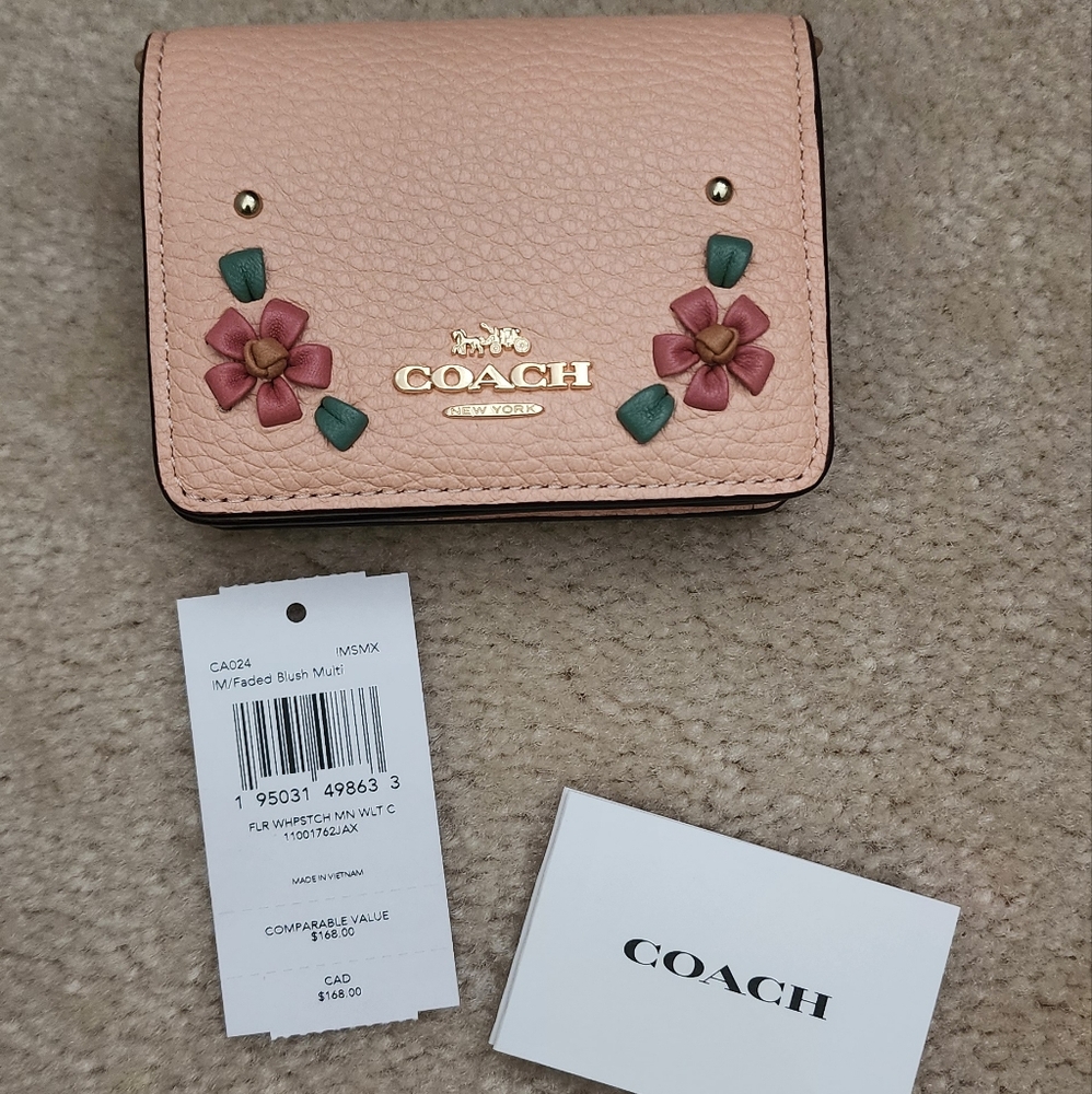 Coach mini wallet on chain with floral whipstitch